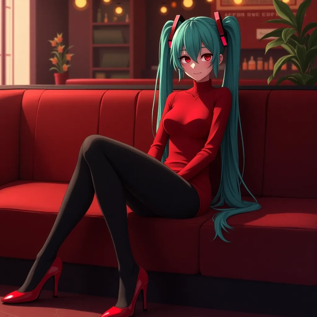 Miku Hatsune in red tight turtleneck and black tights, red heels in the club sitting in sofa