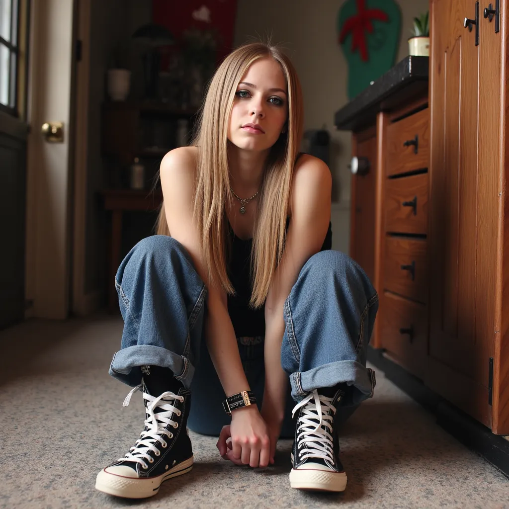 Avril Lavigne sitten on the floor wearing converse all stars, tank top and baggy oversized denin pants
