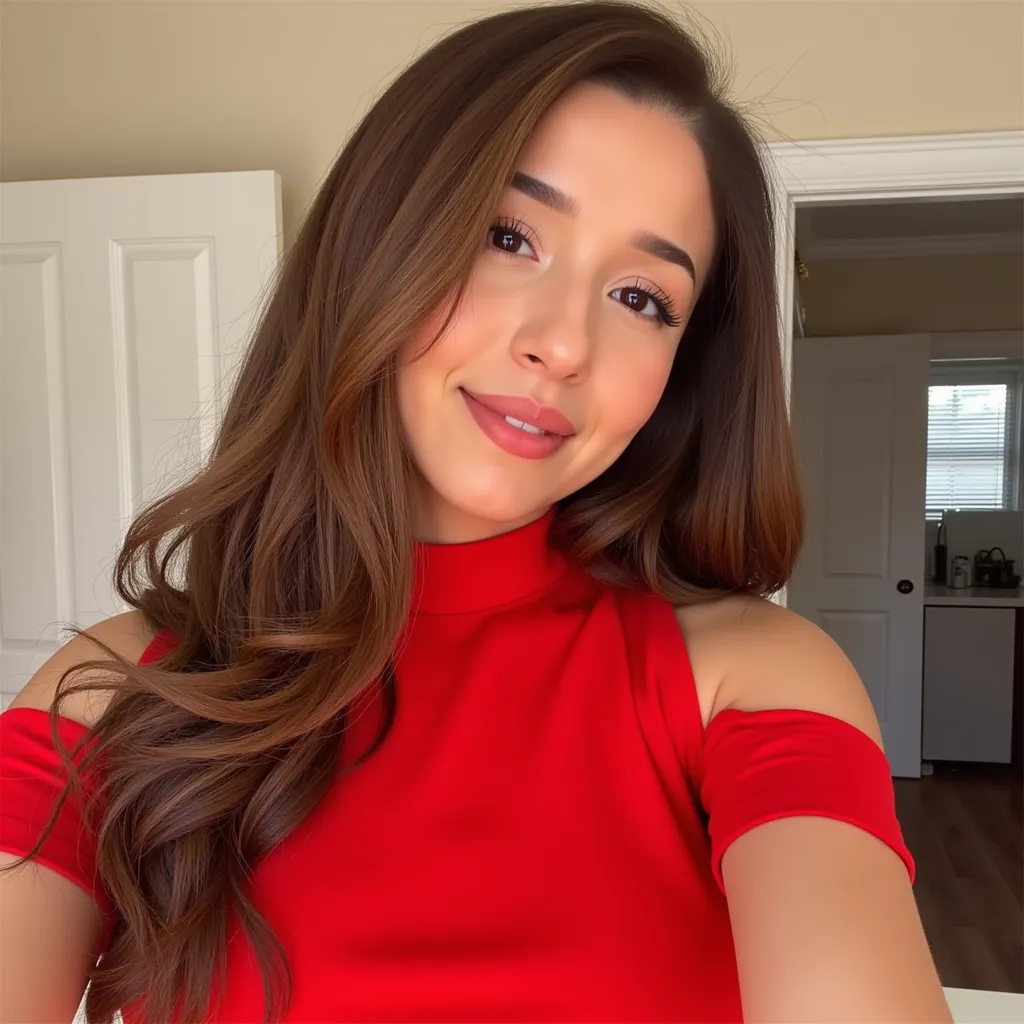 Pokimane doing a mirror selfie while wearing a red dress, chubby, double chin