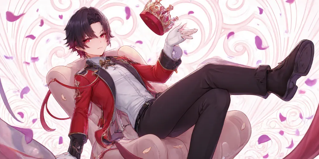 a guy with black hair and red eyes, wearing a red jacket, a white shirt and black pants and black shoes with a floating red crown.