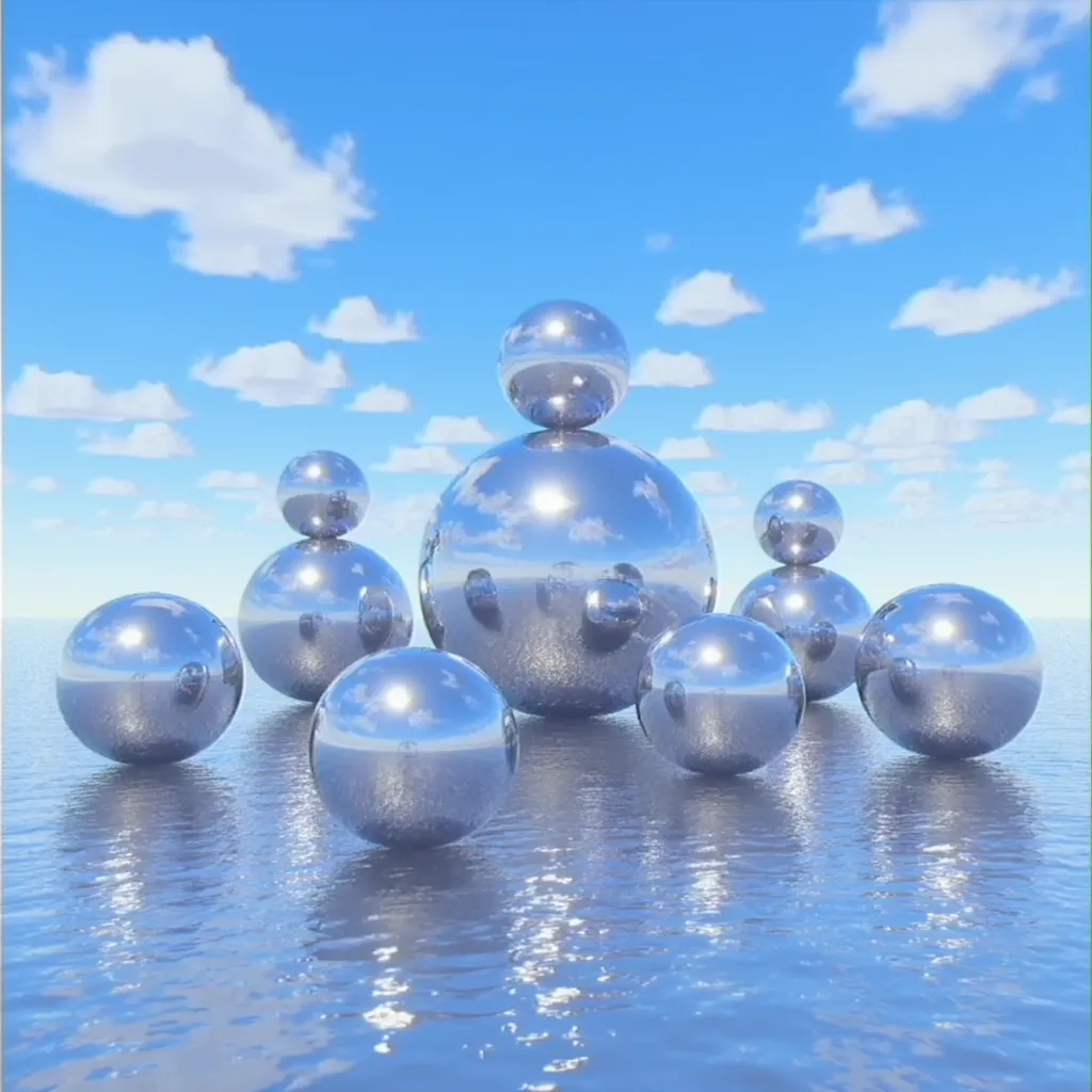 weirdvhs, Surreal 2000s VHS, a sky background (with clouds), with an reflective solid water floor, and 9 big reflective metal ball