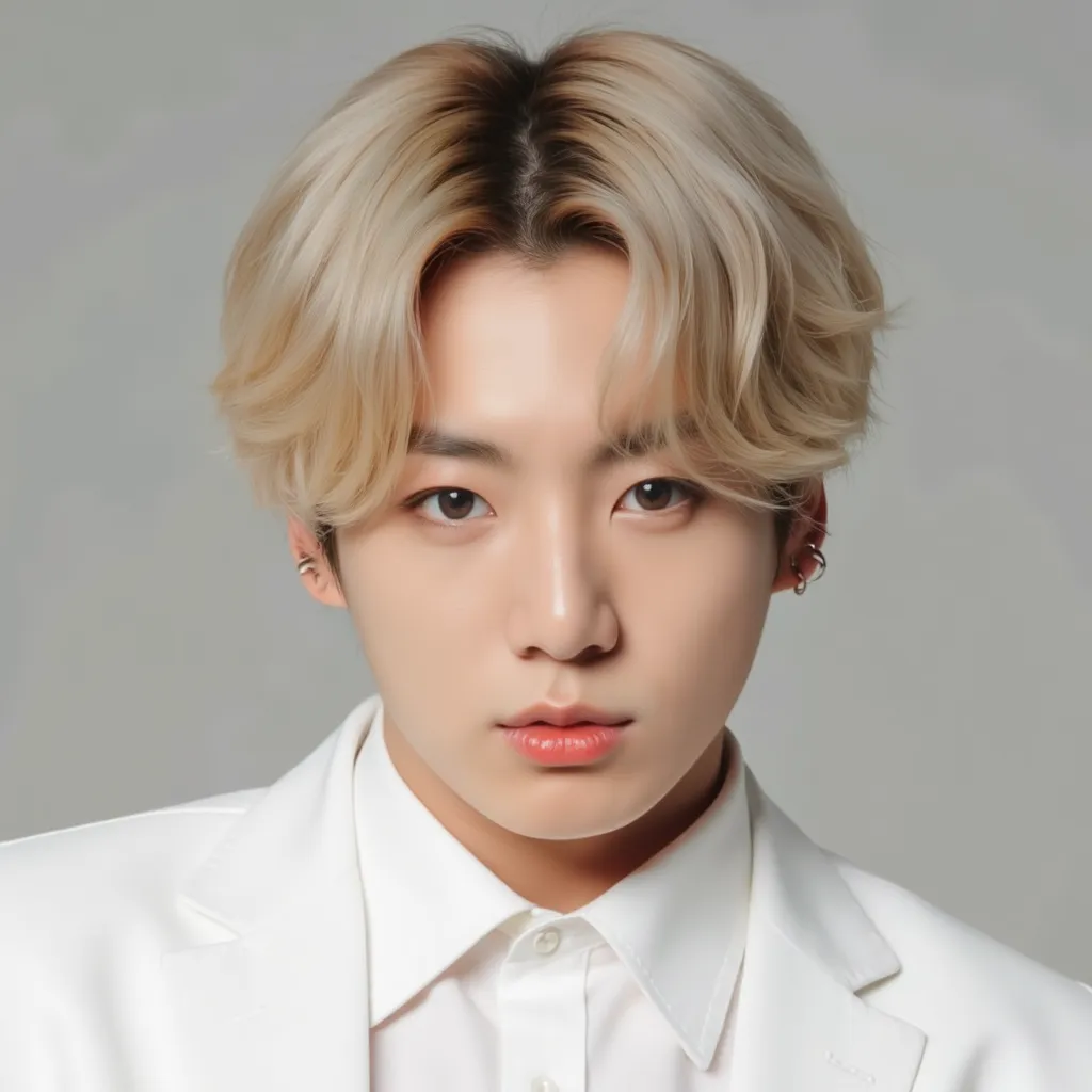 a close up picture of jungkook, blonde hair, white suit, hot, handsome
