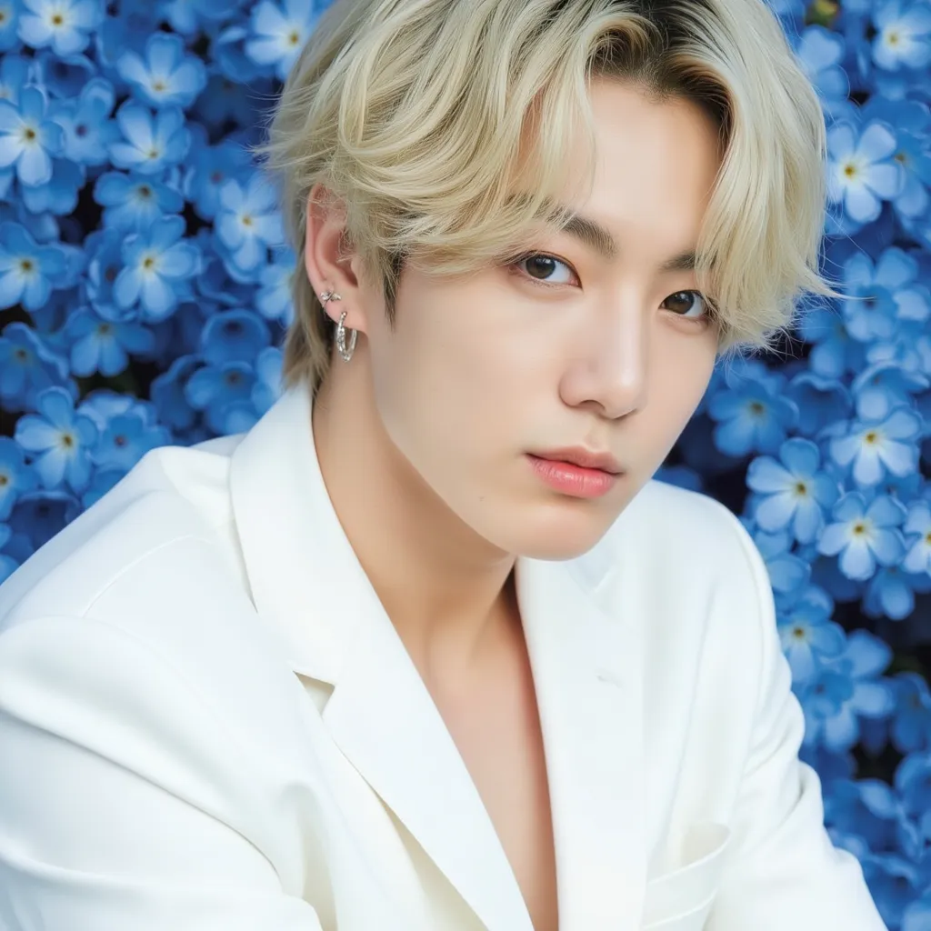 Jungkook, Blonde hair, white suit, portrait, blue flowers background, hot, handsome