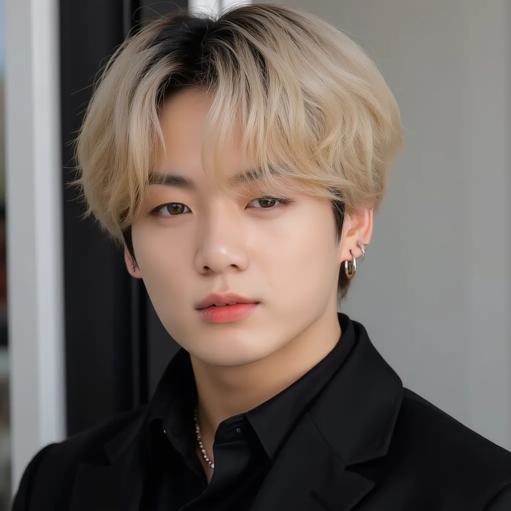 a close up picture of jungkook, blonde hair, black suit, hot, handsome,