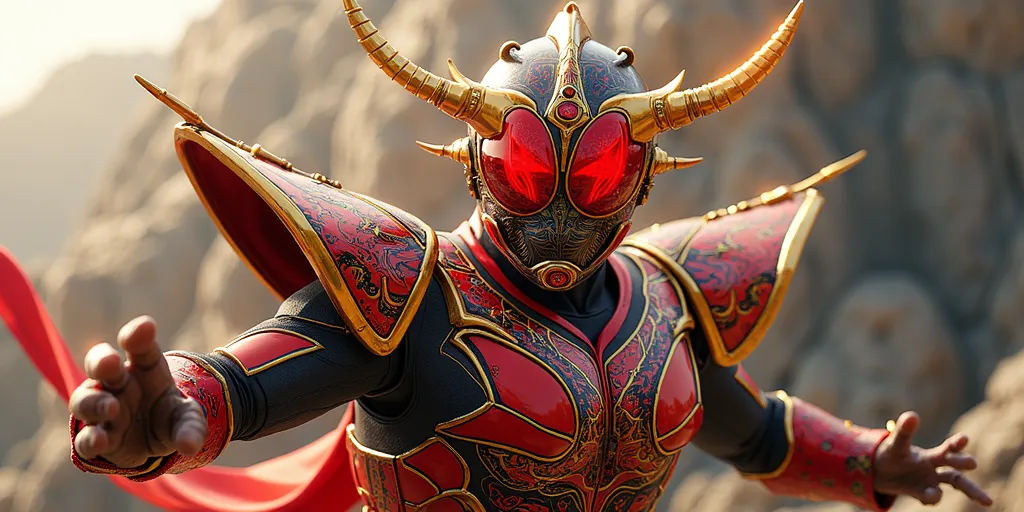 One Kamen Rider wearing intricate Chinese suit armor, striking a heroic pose, digital illustration, vibrant colors, dragon motifs present in design, inspired by traditional Chinese patterns and modern Japanese aesthetics; Art inspirations from Takayuki Takeya and Stanley Artgerm Lau, medium telephoto lens, high angle, 8K resolution, highly detailed, cinematic lighting, with a focus on the red helmet reflecting ambient light, dynamic composition, Unreal Engine render.