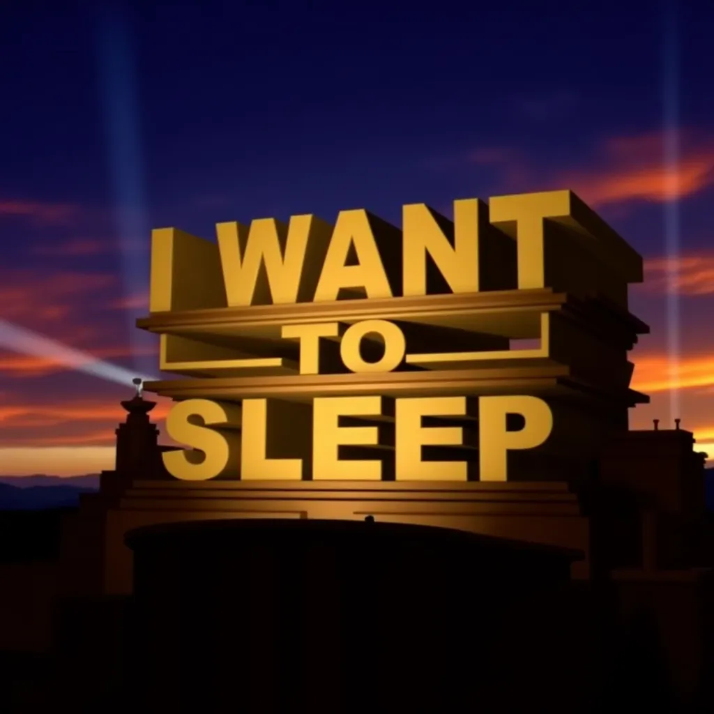A parody of the 20th Century Fox logo with custom text: "I Want To Sleep", the letters are highlighted in bold gold font as in the original logo, reminiscent of a classic film studio opening sequence.