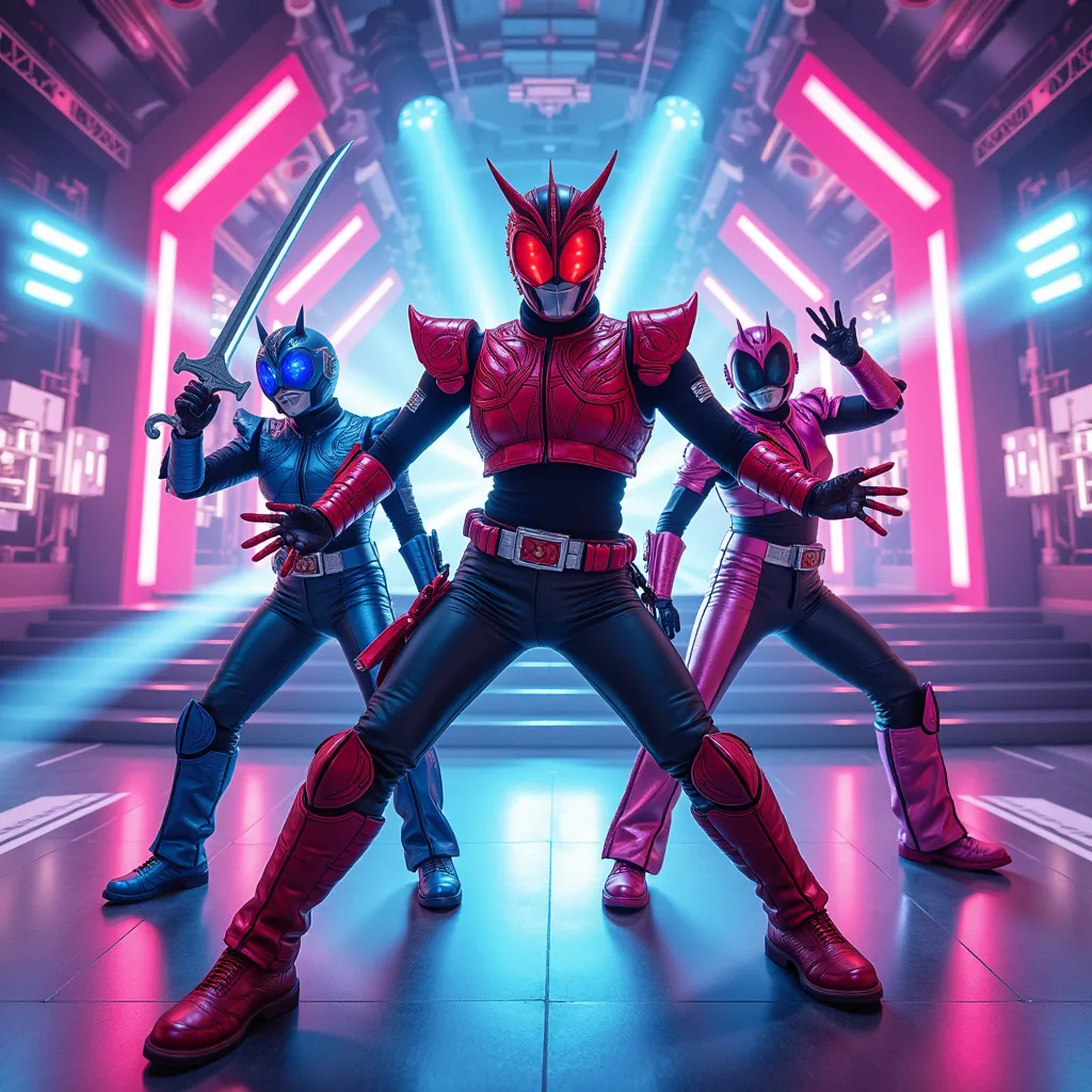 Kamen Riders Tycoon Bujin Sword, Evol, and Jack Revice performing energetic dance moves on a futuristic stage, vibrant neon lights forming captivating patterns in the background, digital illustration with dynamic angles, urban punk art style, inspiration drawn from Japanese anime and cyberpunk aesthetics, medium shot, wide angle lens for a broader view, enhanced with vivid colors and dynamic lighting, (hyper detailed:1.2), cinematic feel, 4K resolution for crisp and clear imagery.