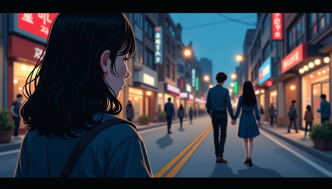 Sad woman observing a couple walking by holding hands, manhwa style, set in a bustling urban street at twilight with glowing street lights casting long shadows. Digital illustration emulating the expressive linework of Korean comics, incorporating subtle cross-hatching for depth. Inspired by the works of Kim Jung Gi and Boichi, capturing emotional nuance and intricate detail. Camera angle from a low perspective, providing an immersive view of her contemplative expression. Rendered in high resolution with a focus on the sorrowful yet delicate ambience.