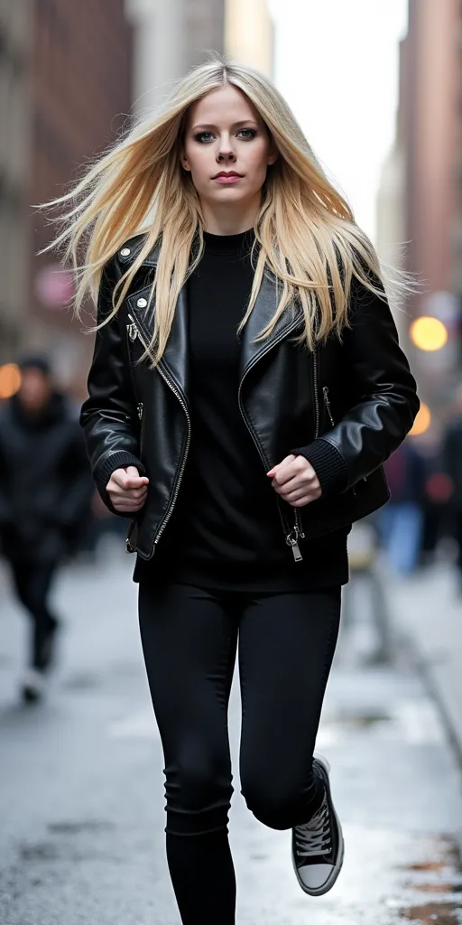 Abril lavigne with blonde straight hair running fast in New York in converse and black baguette pants  at eveninh 