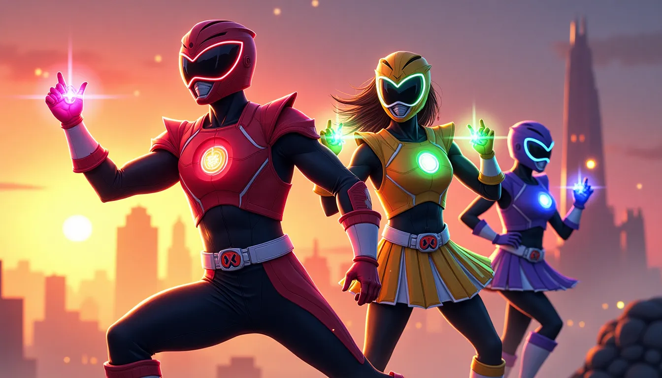 Power Rangers, Solar Crystal Suit, futuristic battle scene, dynamic action pose, high-tech armored suits with glowing solar crystals, male and female rangers, vibrant colors and respective hues: red, black, green, orange, white for male; purple, yellow, blue, pink for female, detailed skirt designs for female rangers, hybrid solar-powered helmets, outdoor cityscape during sunset, digital illustration, comic book style, inspired by Saturday morning cartoons, action-packed, intricate details, long shot, dramatic camera angle, (neon lighting:1.2), (vivid colors:1.3), (artstation:1.2), (dynamic composition:1.15), (hdr:1.25).