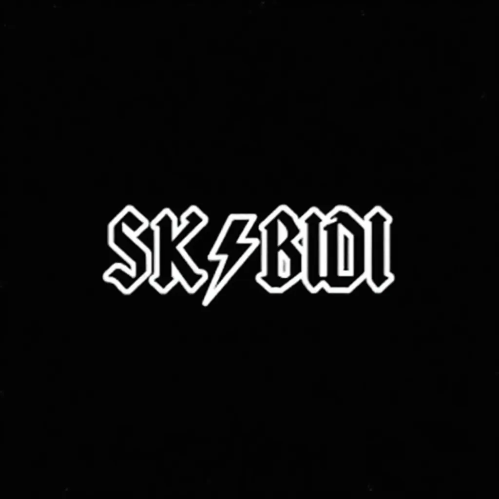 A white outlined black text logo of an Australian rock band "SK(a lightning bolt)BIDI" on simple black background in the style of a logo of an Australian rock band "AC⚡DC".