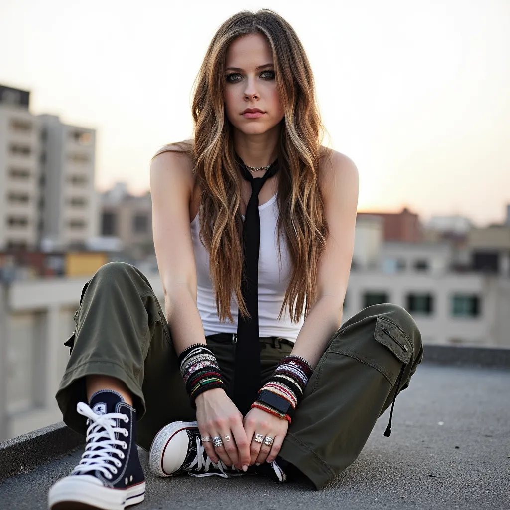 Avril lavigne dark brown súper straight  hair sitting on the roof top wearing white tank top  and with black tie and military pants with converse and wristbands