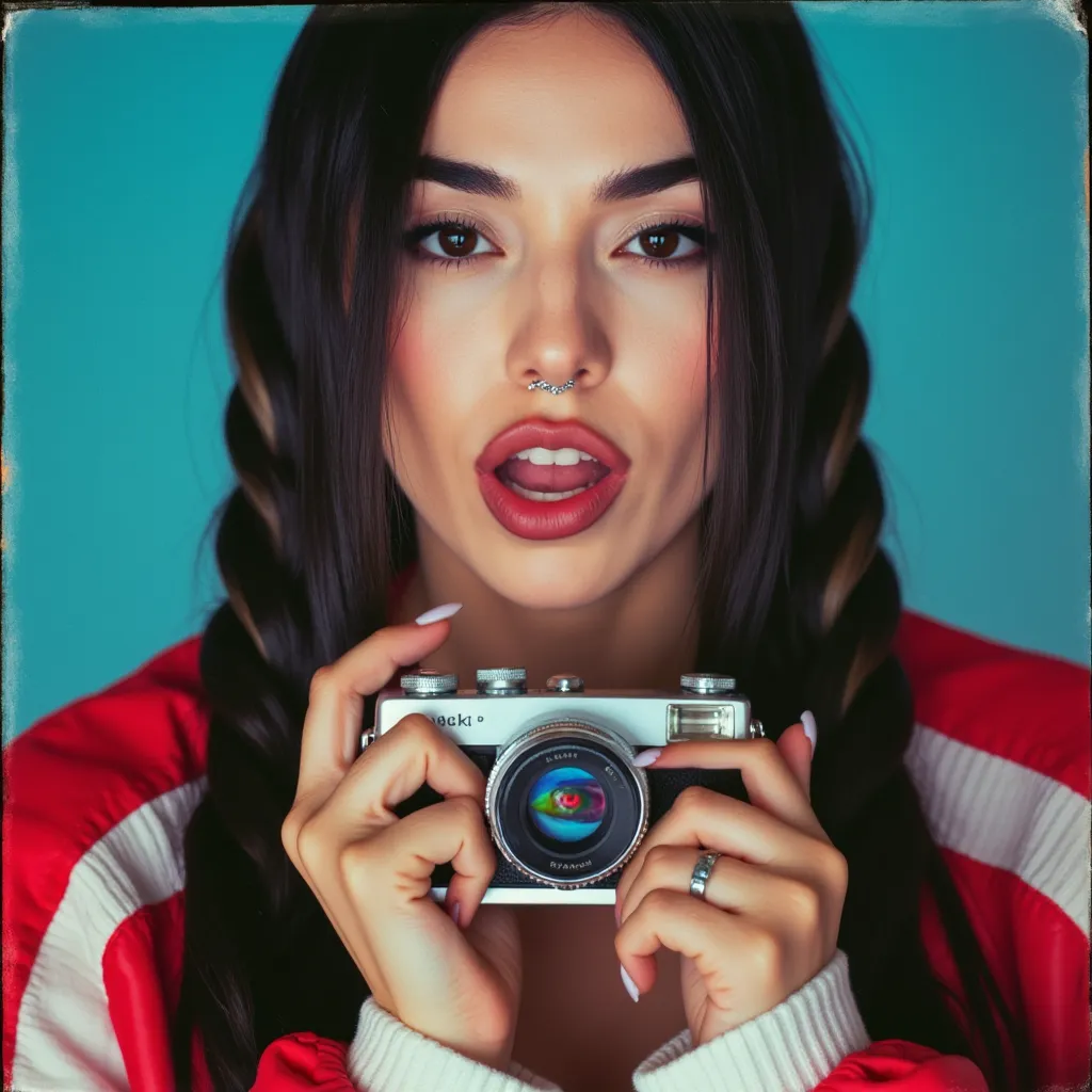 Ultra-realistic. close up, she's slightly looking upwards, of Ava Max, her hair being long reaching all the way to her stomach straight black hair,  expressive face, holding a small digital camera.  Close-up portrait, slightly angled perspective.  Woman's mouth is slightly open in a playful, slightly mischievous expression, teeth visible.  She has a nose ring.  Slight wink in her eye.  The camera she holds reflects an eye, creating a slightly surreal effect.  Vibrant, slightly desaturated colors; shades of red, blue, and teal.  Image has a vintage, film-like aesthetic,  featuring visible grain and color shifts, suggesting a stylized, artistic reproduction or portrait-style print..  The woman is dressed in a jacket with red and white accents, suggesting a modern, urban style.  Braids are dark brown/black with a textured feel. The background is a cool toned blue.  The composition focuses on the woman's face and hands, drawing attention to her playful expression.  