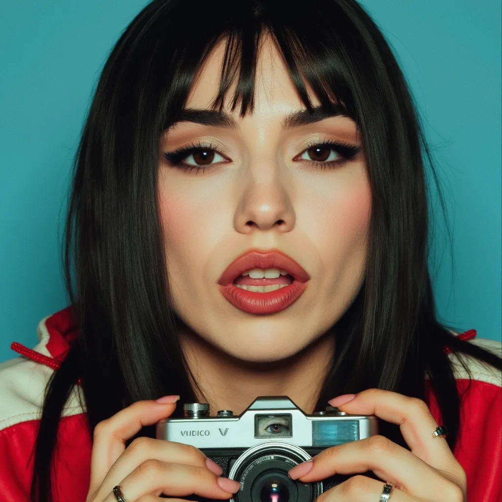 Ultra-realistic. close up, she's slightly looking upwards, of Ava Max, her hair being long reaching all the way to her stomach straight black hair,  expressive face, holding a small digital camera.  Close-up portrait, slightly angled perspective.  Woman's mouth is slightly open in a playful, slightly mischievous expression, teeth visible.  Slight wink in her eye.  The camera she holds reflects an eye, creating a slightly surreal effect.  Vibrant, slightly desaturated colors; shades of red, blue, and teal.  Image has a vintage, film-like aesthetic,  featuring visible grain and color shifts, suggesting a stylized, artistic reproduction or portrait-style print..  The woman is dressed in a jacket with red and white accents, suggesting a modern, urban style. The background is a cool toned blue.  The composition focuses on the woman's face and hands, drawing attention to her playful expression.  