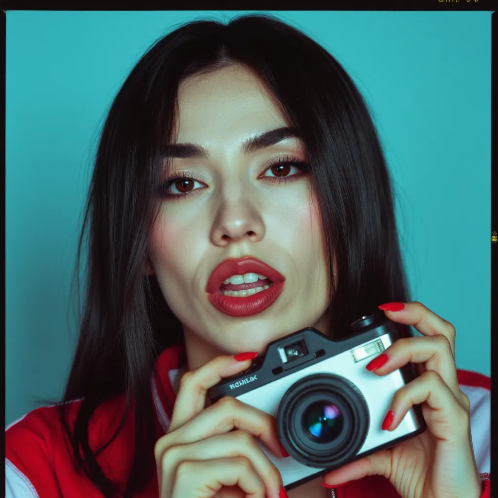 Ultra-realistic. close up, she's slightly looking upwards, of Ava Max, her hair being long reaching all the way to her stomach straight black hair,  expressive face, holding a small digital camera.  Close-up portrait, slightly angled perspective.  , teeth visible.   Vibrant, slightly desaturated colors; shades of red, blue, and teal.  Image has a vintage, film-like aesthetic,  featuring visible grain and color shifts, suggesting a stylized, artistic reproduction or portrait-style print..  The woman is dressed in a jacket with red and white accents, suggesting a modern, urban style. The background is a cool toned blue.  The composition focuses on the woman's face and hands, drawing attention to her playful expression.  