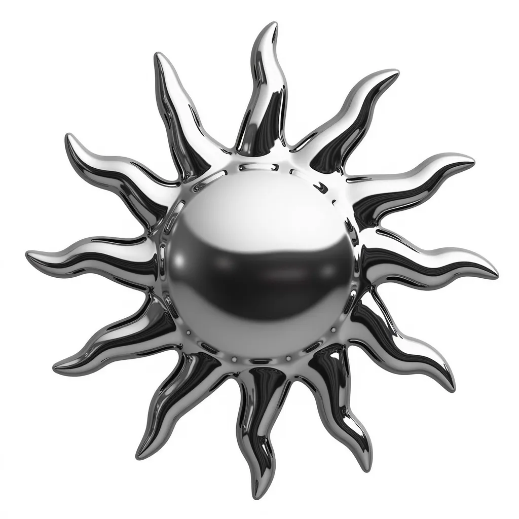 chromed sun logo, digital illustration, sleek and modern design, minimalistic style, inspired by industrial aesthetics, shiny and reflective surface, white background,  animation influences, front view, high resolution, (chrome texture:1.3), (reflective surfaces:1.2), (minimalistic:1.1), professional lighting, clean and bright look.