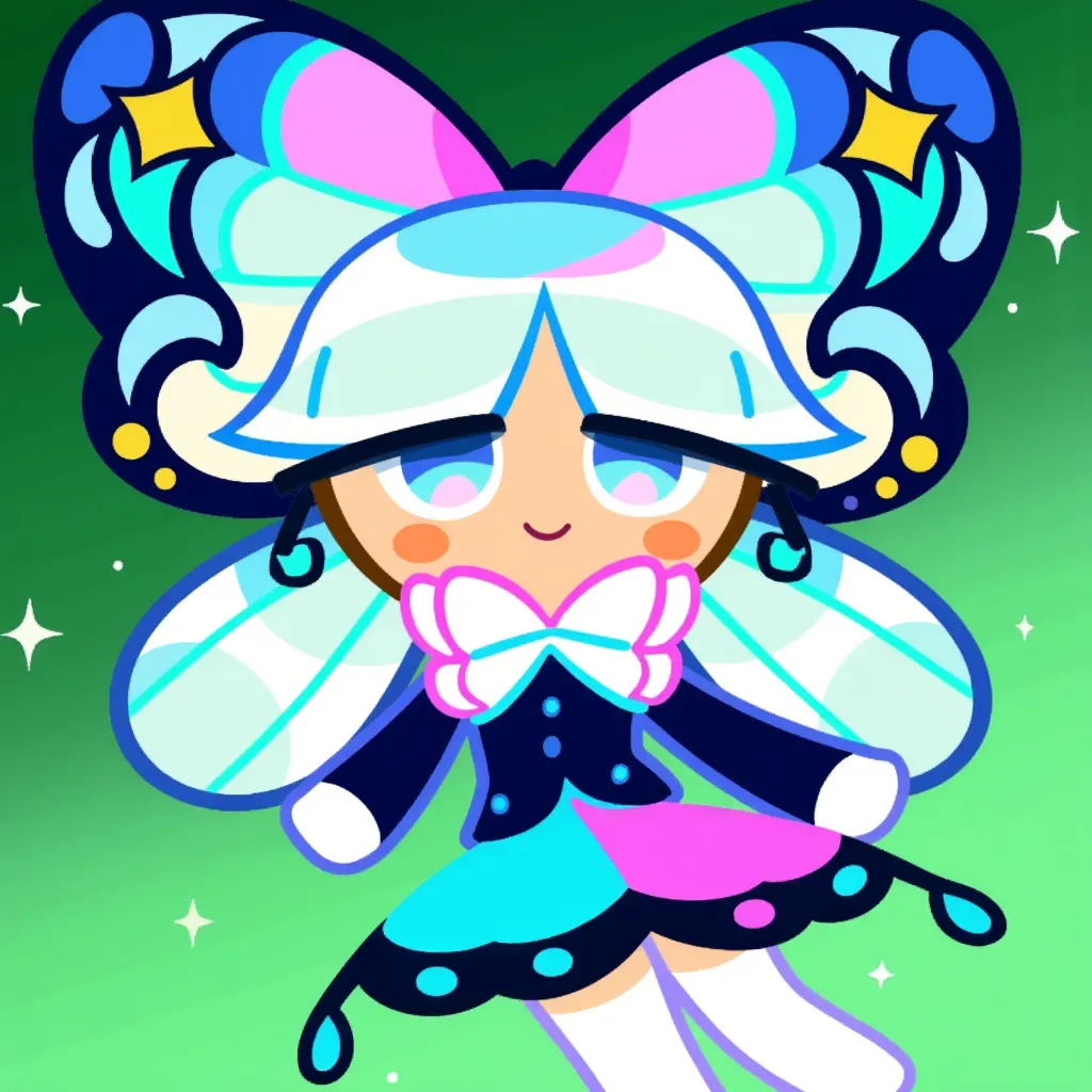 Sugarglasscookie, low twintails, light blue hair, butterfly in hair, long sleeves black outfit, colorful skirt, she smile