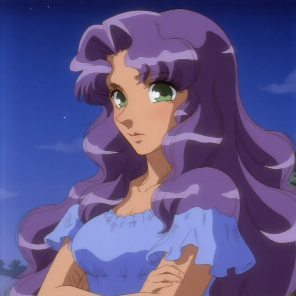 Don Bluth A character from the anime "Revolutionary Girl Utena" with long, wavy purple hair and large green eyes, gazing thoughtfully to the side. The background features a starry night sky, enhancing the serene and contemplative mood.