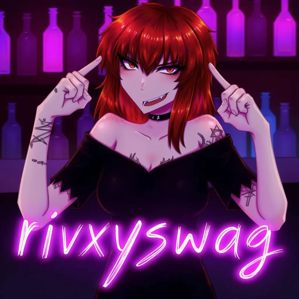 A girl with long red layered hair with bangs wearing a black off-shoulder dress, attractive girl, club lighting, anime artstyle inspired by luvzmilo, mischievous expression with fangs, bottles in the background, hairstyle of Kita Ikuyo, eyeliner, textured layered hair, one hand up making the horn gesture, a lot of scars on her arm, big purple glowing thin edgy text saying "rivxyswag" in front at the bottom middle in a scary chaotic thin font in all uppercase