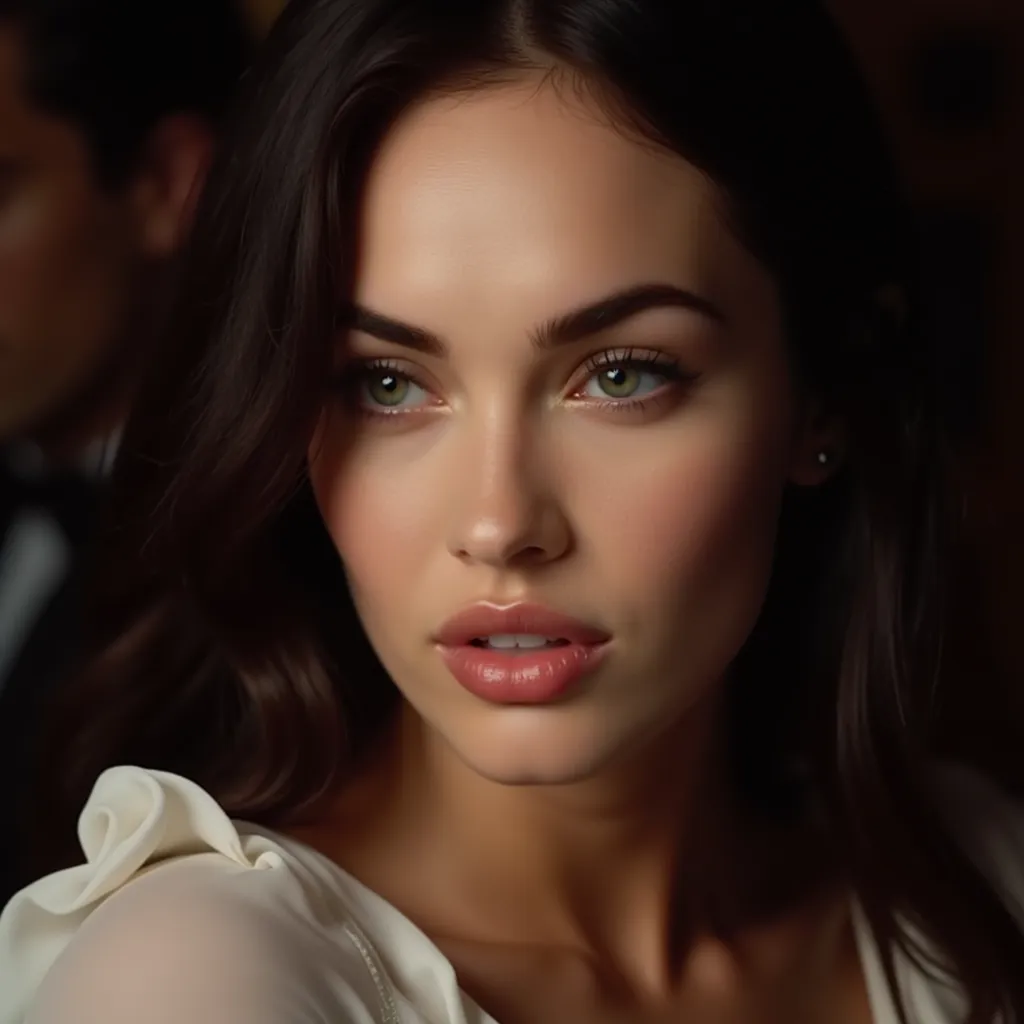 Megan Fox, portrait, hyperrealistic photography, fashion shoot, glamorous style, soft studio lighting, close-up shot, 85mm lens, high resolution, 8K detail, natural makeup, elegant pose, subtle background, Vogue magazine inspiration, bokeh effect, (soft focus:1.1), (high detail:1.25), (professional lighting:1.2).