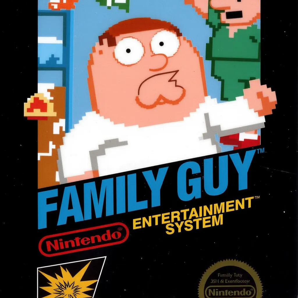 Peter Griffin with small black pupils from “Family Guy” in an NES Black Box cover with blue text on the top that says “FAMILY GUY” and text that says “entertainment system”  on the bottom of the first text next to the iconic Nintendo logo, this looks like it’s actually something you could’ve bought