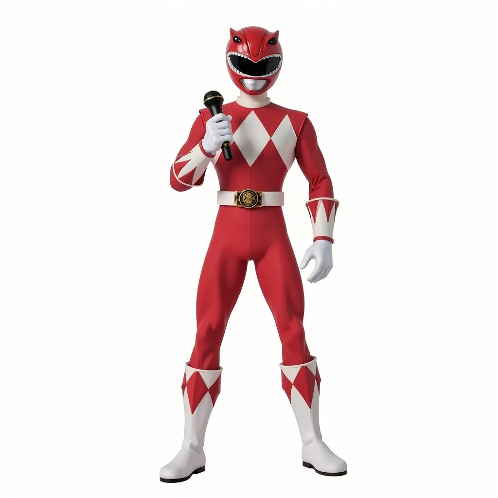 Power Ranger standing, holding a microphone, smiling, facing frontwards, white background, full body head to foot, melody,