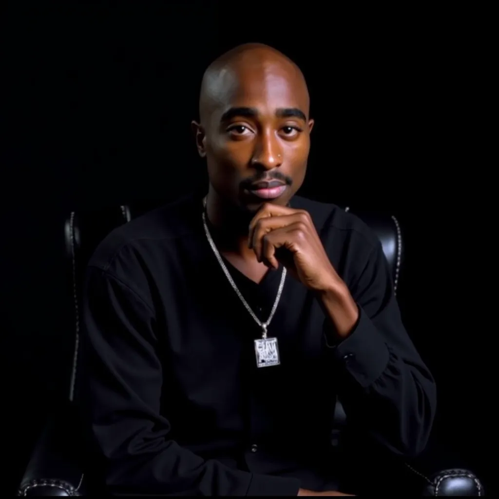 2Pac he sitting on a chair. He is wearing a black long-sleeved shirt and a silver necklace death row records logo . He has a serious expression on his face and his hand is resting on his chin, as if deep in thought. The background is completely black, making the man the focal point of the image. The lighting is dim, creating a moody atmosphere.