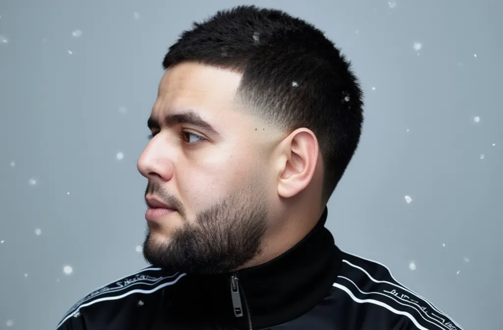 A realistic close-up photograph of a man warmly dressed in winter attire, snowflakes gently settling on his hat and shoulders, against a backdrop of a dark, starry night sky illuminated by ambient streetlights. The image is captured with a 70mm lens, utilizing soft lighting to accentuate the textures of the falling snow and the man's clothing. High-resolution, HDR detail provides crystal clear focus on the snowflakes and facial features, with subtle hints of warmth from the streetlights casting a soft glow over the scene. (bokeh effect:1.2), (ambient light:1.15), (soft light:1.1), (high resolution:1.25).
