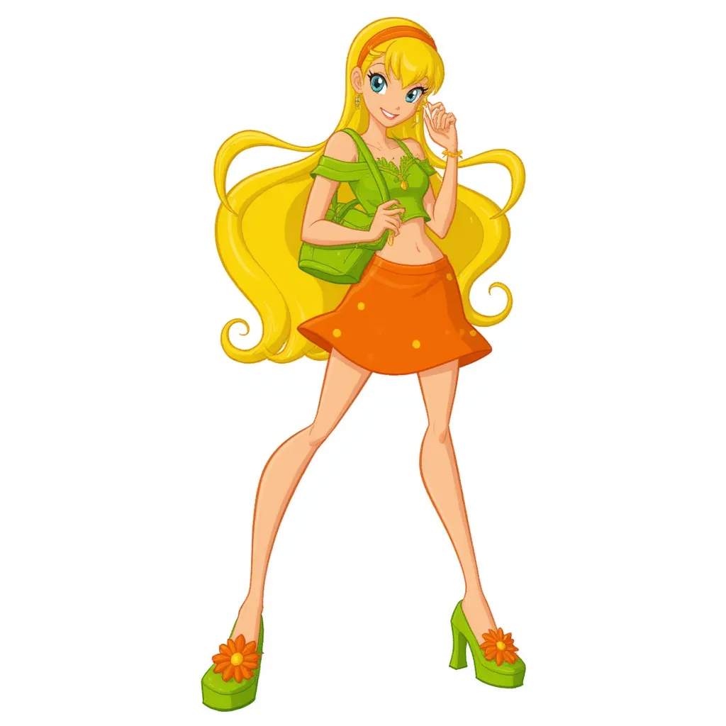 A character from the animated series "Winx Club" named Stella. She has long, flowing blonde hair and is wearing a green cropped top and an orange skirt decorated with orange circles. She carries a green handbag and wears matching green shoes adorned with orange flowers. The character is depicted with a confident pose and a playful expression.