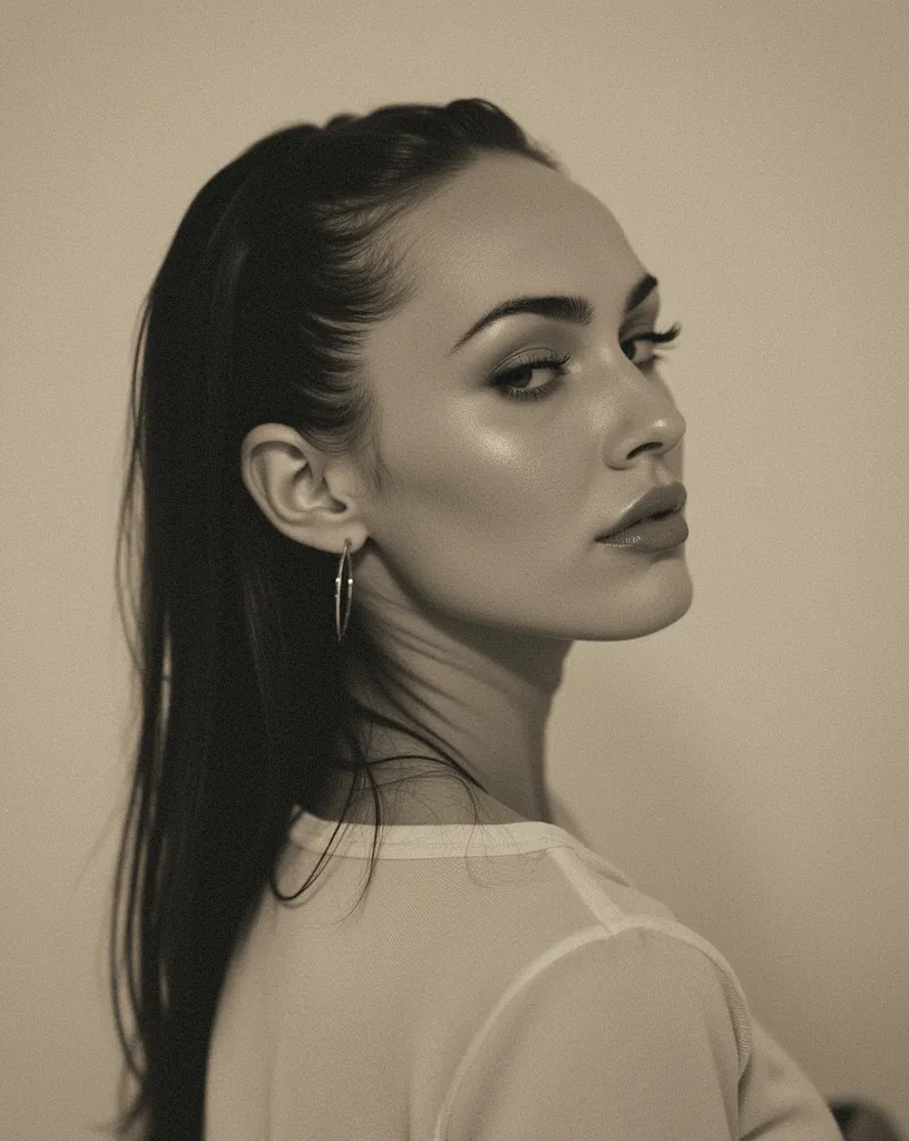 Megan Fox face, realism, cinematic grain, medium view, high resolution, neutral colors, ambient lighting, aesthetic, retro