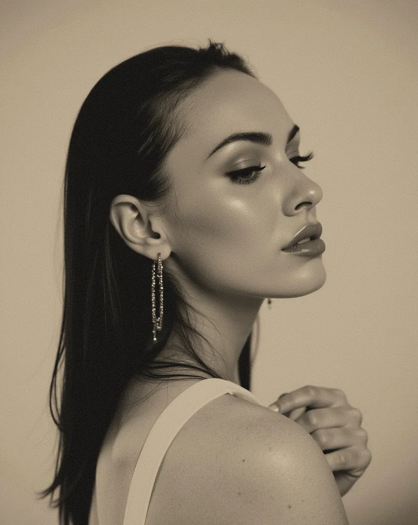 Megan Fox face, realism, cinematic grain, medium view, high resolution, neutral colors, ambient lighting, aesthetic, retro