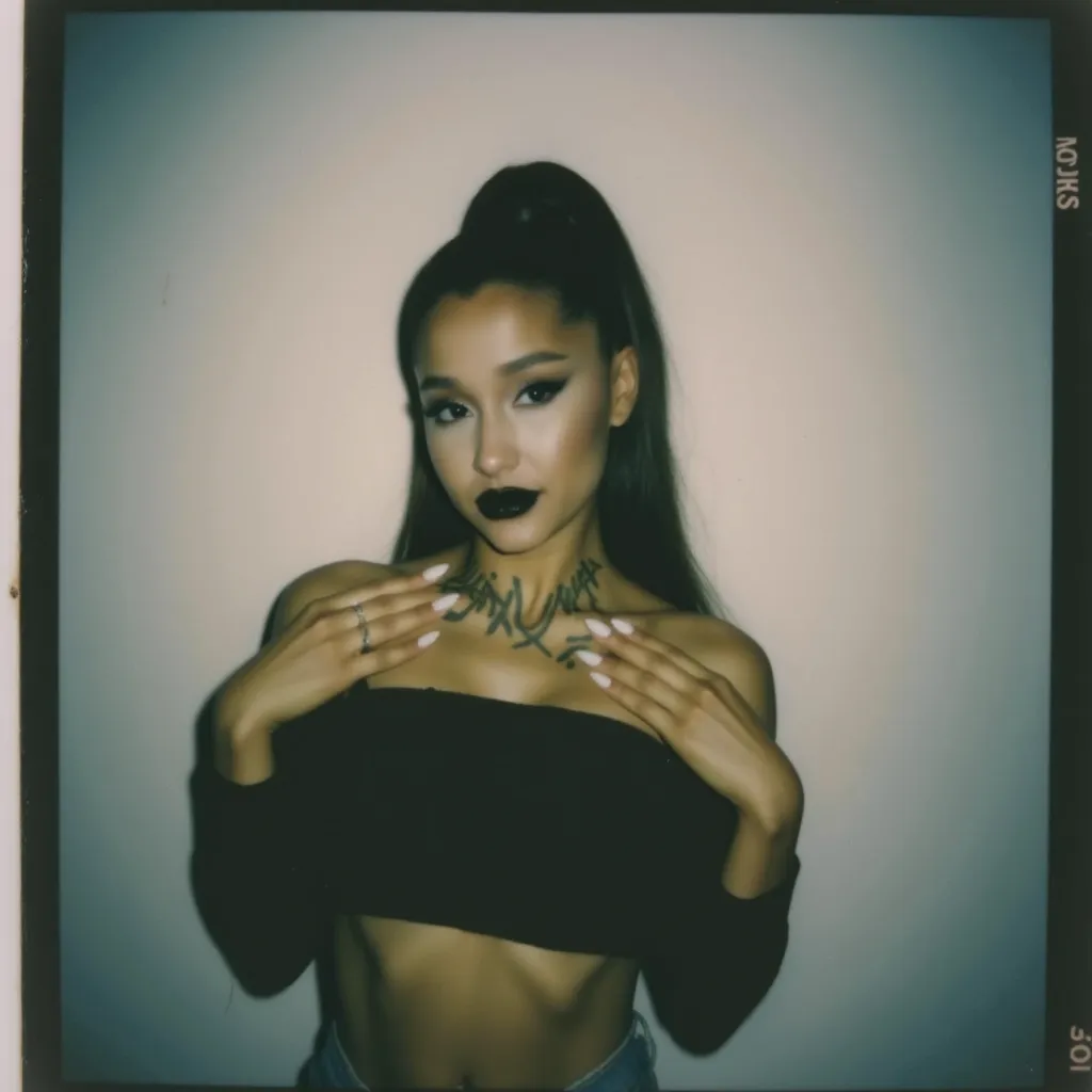 Ariana Grande with dark lipstick and an updo hairstyle, large tattoo on neck that says “thank u next” in graffiti style, very grainy and blurry Polaroid photo, black eyes, long hair covering chest, wearing a black top, standing against white wall, 90s aesthetic, white nails, album cover art