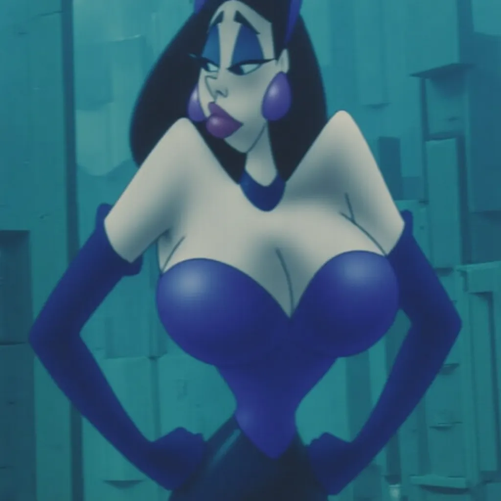 A stylized illustration of a character with exaggerated features wearing a tight, strapless purple dress and long gloves. The character has angular, dark hair and large purple earrings, standing with hands on hips against a blue-green background. The scene suggests an animated or comic style.