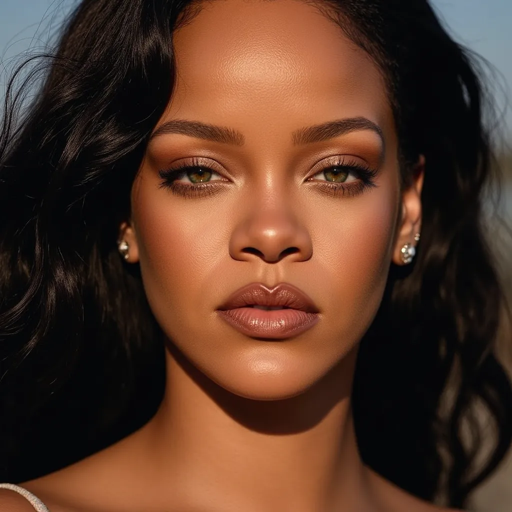 Rihanna, Ririh  Rihanna, professional portrait photograph, realistic style, studio lighting, high resolution, 8K, (hyper detailed:1.2), (sharp focus:1.1), medium telephoto lens, close-up, natural light, vivid colors, inspired by Annie Leibovitz photography.