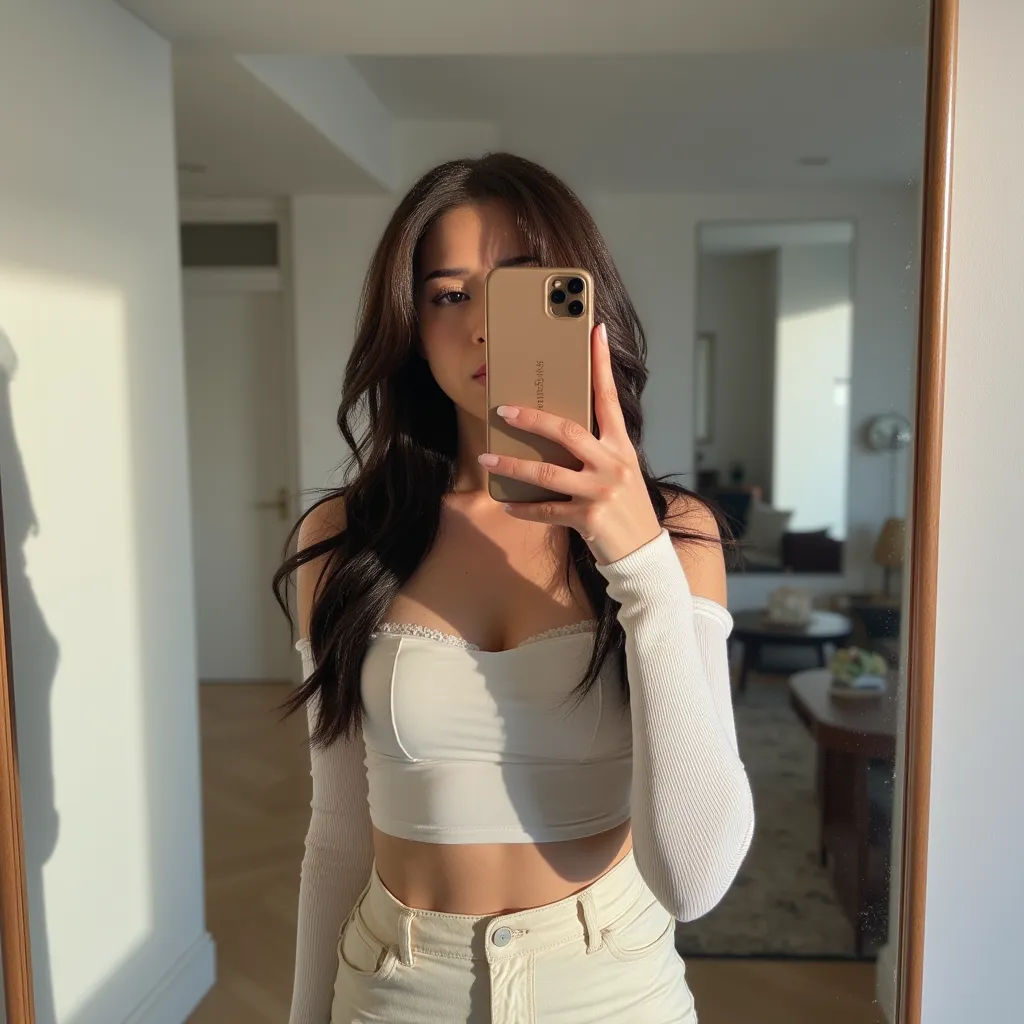 Pokimane taking a tall mirror selfie, glamorous photograph, modern urban apartment background, minimalist interior, stylish attire, natural lighting, Canon 5D, medium shot, 35mm lens, front view, (high resolution:1.2), (vivid colors:1.1), (professional:1.3), (soft light:1.2), (realism:1.4).