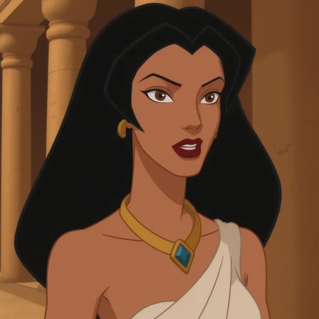 A scene from the animated movie "The Prince of Egypt" featuring an elegantly dressed woman with dark hair, wearing gold accessories and a white dress. The background shows ancient Egyptian architecture with tall columns. She has a confident expression on her face
