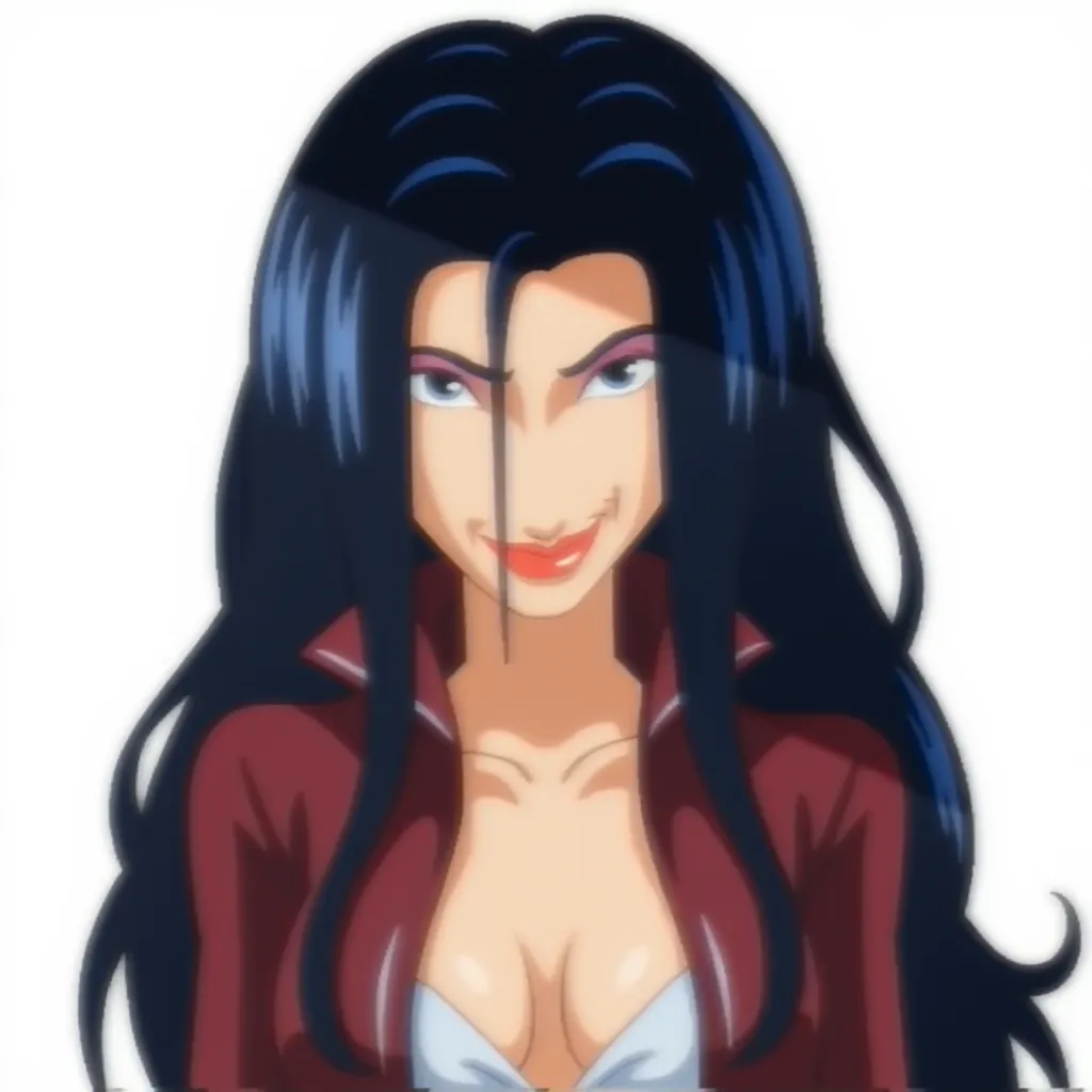 A stylized animation character with long, dark blue hair and a confident expression. The character has sharp eyes, highlighted with pink eyeshadow, and red lips. Their face is partially shadowed, adding a mysterious vibe. Pirate uniforms