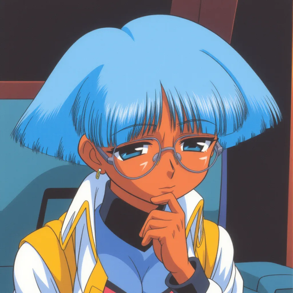 A character from the anime series "Cowboy Bebop," wearing glasses and futuristic clothing. They have blue hair and a thoughtful expression, sitting in what appears to be a vehicle or cockpit. The character is depicted in an anime art style. 