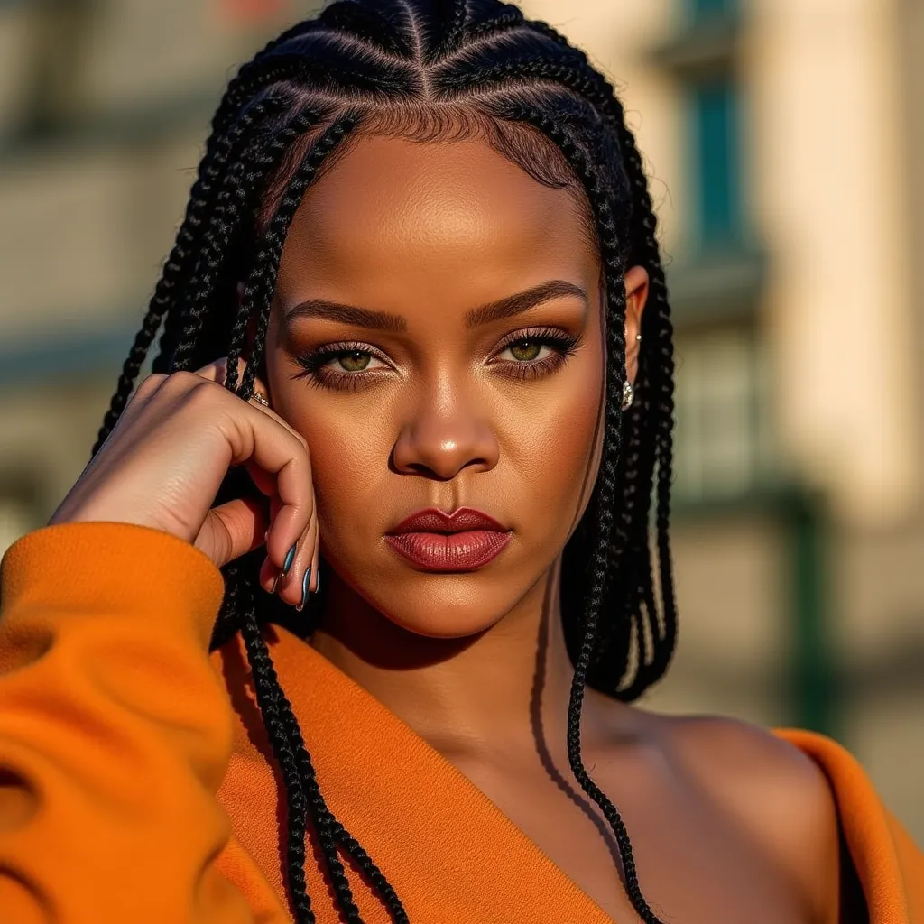 Rihanna, Ririh  Rihanna in a high-fashion , Hair with braids,editorial photoshoot, Sharpness,vibrant outdoor setting, avant-garde style, , captured with a medium telephoto lens, stylized in vivid colors, with natural soft light, emphasizing intricate details, (artistic editorial:1.2), (high resolution:1.15)