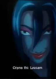 A stylized animation character with long, dark blue hair and a confident expression. The character has sharp eyes, highlighted with pink eyeshadow, and red lips. Their face is partially shadowed, adding a mysterious vibe. 