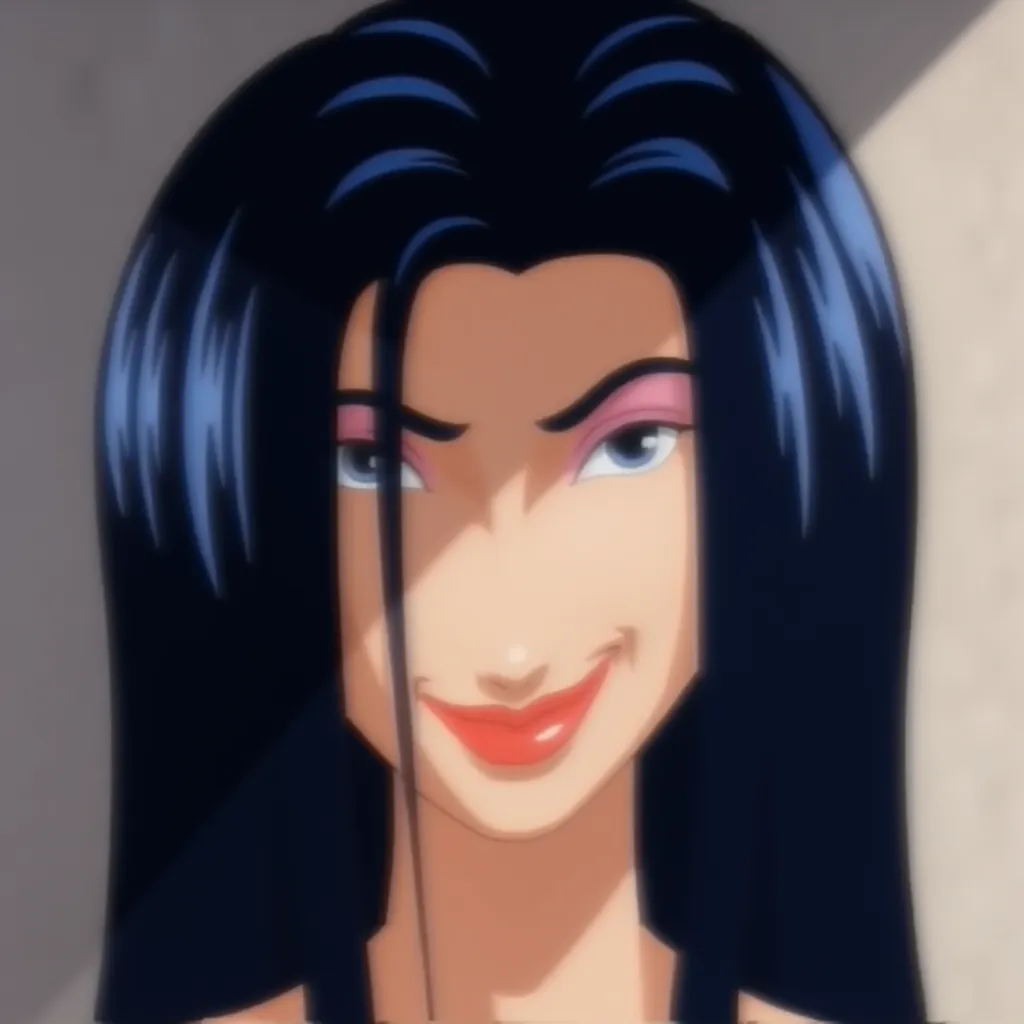 A stylized animation character with long, dark blue hair and a confident expression. The character has sharp eyes, highlighted with pink eyeshadow, and red lips. Their face is partially shadowed, adding a mysterious vibe. Style gladiator 2