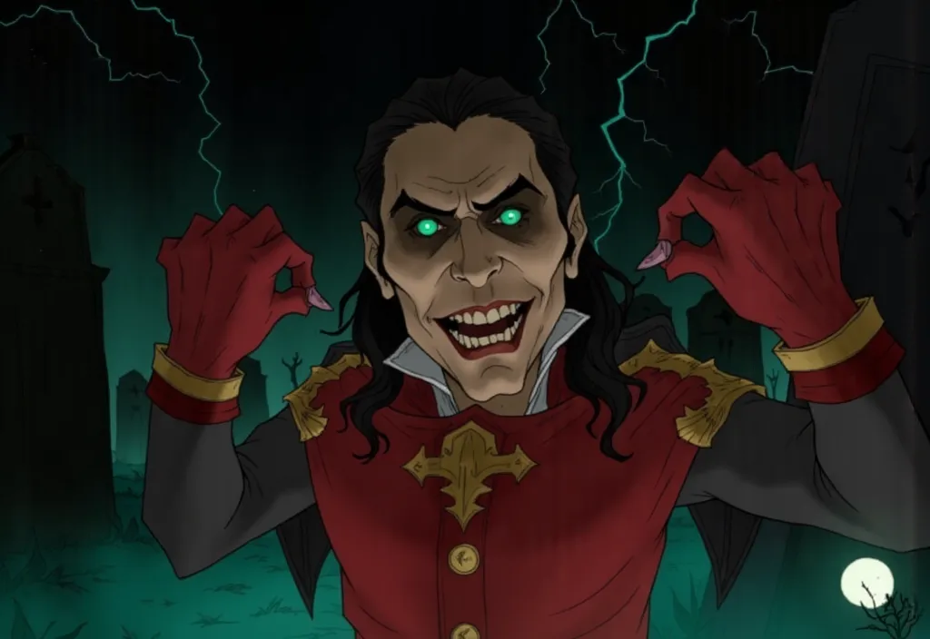 Turquoise-skinned man with black sclera, turquoise glowing irises, rotten brown raptor teeth a mad grin on his face, in the graveyard, turquoise night sky, teal lightning bolts