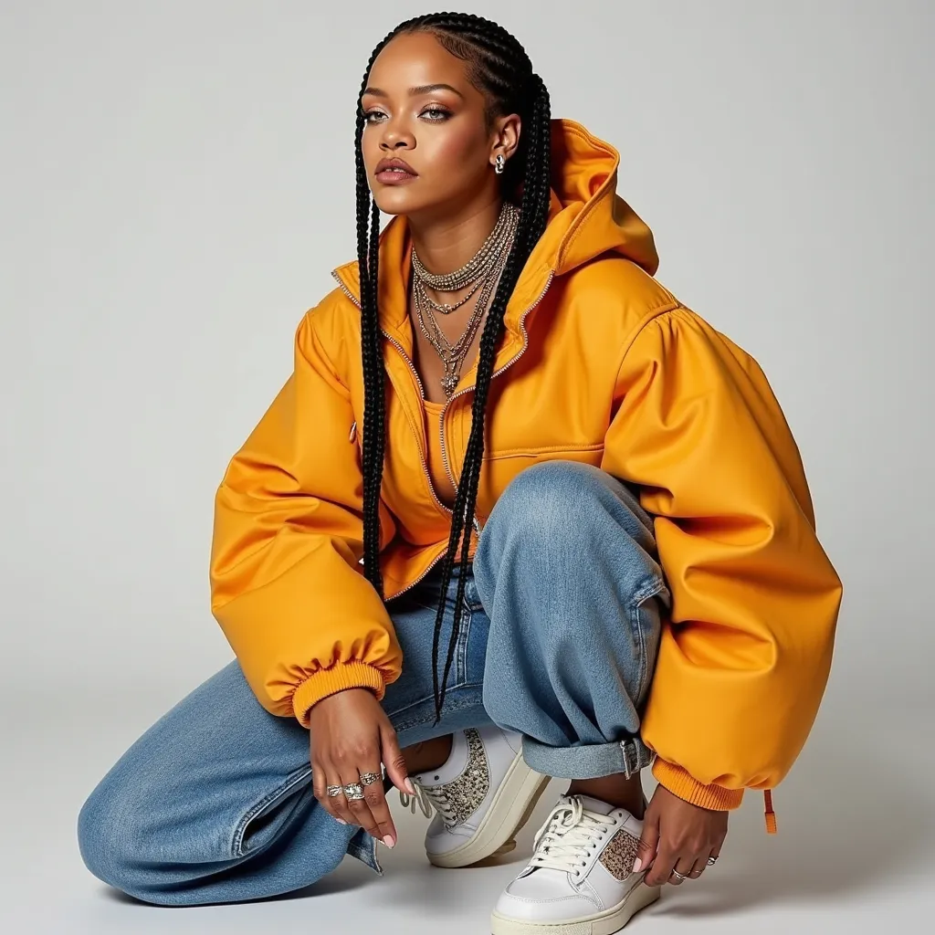 Rihanna, Ririh , Posing for an editorial cover photo for cover magazine, oversized clothes, hip hop sneakers, Hair with braids , fashionable and sophisticated modern