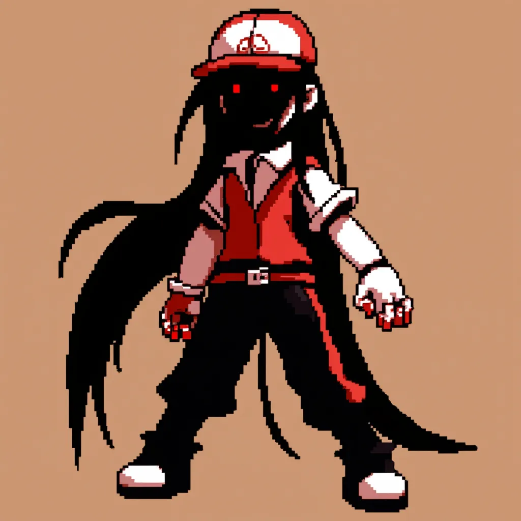 pokemon. pokepasta S!3v3n's first appearance is much like Red, red and white, with a cap and vest, black undershirt and pants, light skin and black shoes, and most uniquely, long black hair that extends down to the foot roots. His entire face and head are covered in black shadows, encompassing his red eyes, and his hair hangs down a lot. His teeth are red. There is blood on the tips of his fingers.