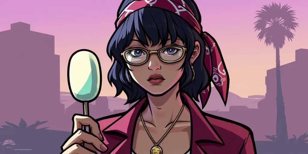 GTA San Andreas Style of Bayonetta holding a lolly pop. The character is wearing urban 90's clothes, glasses and a bandana, she is posing with confidence and elegance. The background displays a city landscape in Los Angeles
