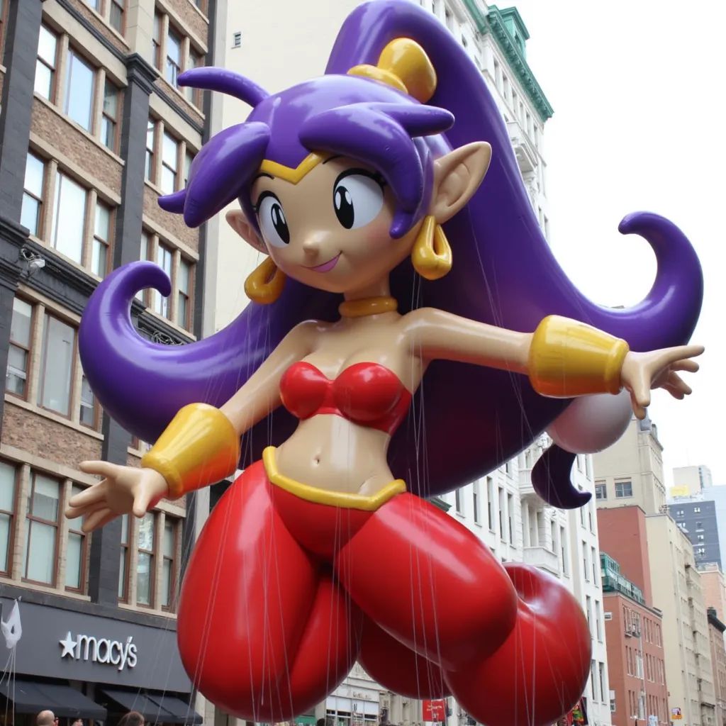 Shantae.  with purple hair styled in a large ponytail. She is wearing a red outfit consisting of a crop top and harem pants, accessorized with gold jewelry including large hoop earrings and bracelets. The character has pointed ears, Macy’s Thanksgiving Day Parade balloon, in Manhattan, photograph 