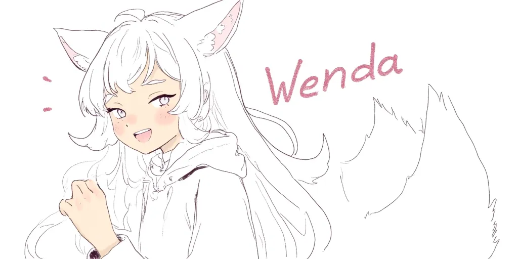 sketch illustration style, girl, white hair, long hair, cat ears, fox tail, white eyes, white outfit, crazy face, smile, eyes wide open, portrait, text says "Wenda", light tan skin