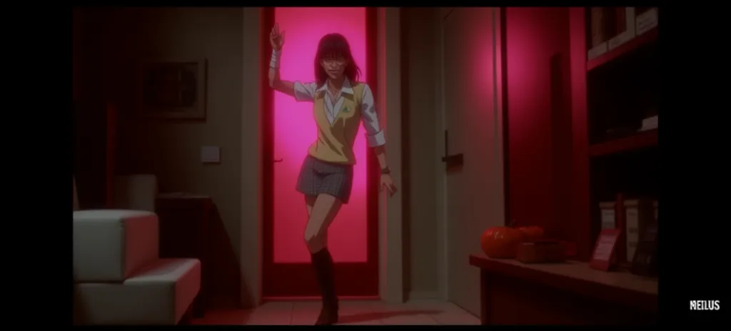 Midari Ikishima from the anime "Kakegurui." She is shown in her full body profile, wearing a school uniform with a red vest and a gray pleated skirt. Her outfit includes a white shirt, black knee-high socks, and brown shoes. Midari has short black hair, glasses, and a bandage wrapped around her left hand. She stands with a confident posture, one hand on her hip.