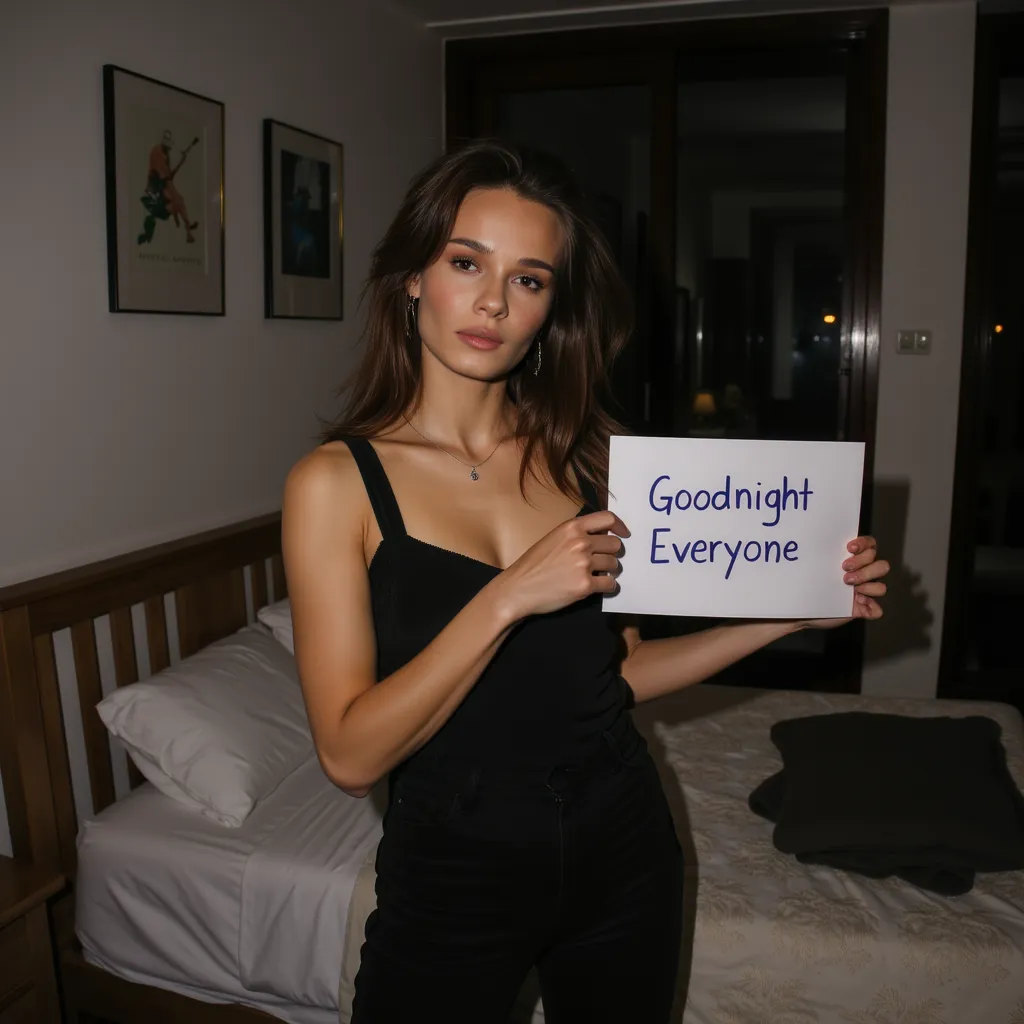 Natalia Szroeder, holding a sign says "Goodnight Everyone", at night bedroom, photoshoot.