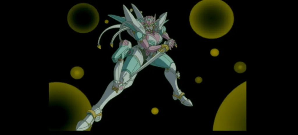 An anime-style mecha character with a feminine design, featuring pink and turquoise armor. The character has a humanoid form, a segmented exoskeleton, and long coiling cables extending from the head. It wields a large sword, and its pose suggests readiness or confidence. The design includes gold accents and angular shapes.